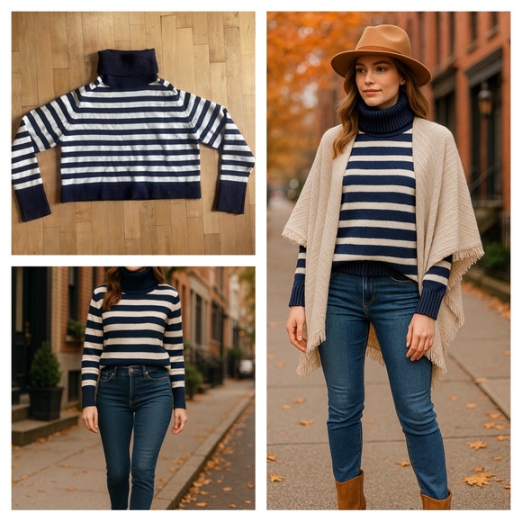 DÈLUC Navy White Striped Turtleneck Sweater Cropped Boxy Knit Size S - Picture 1 of 6